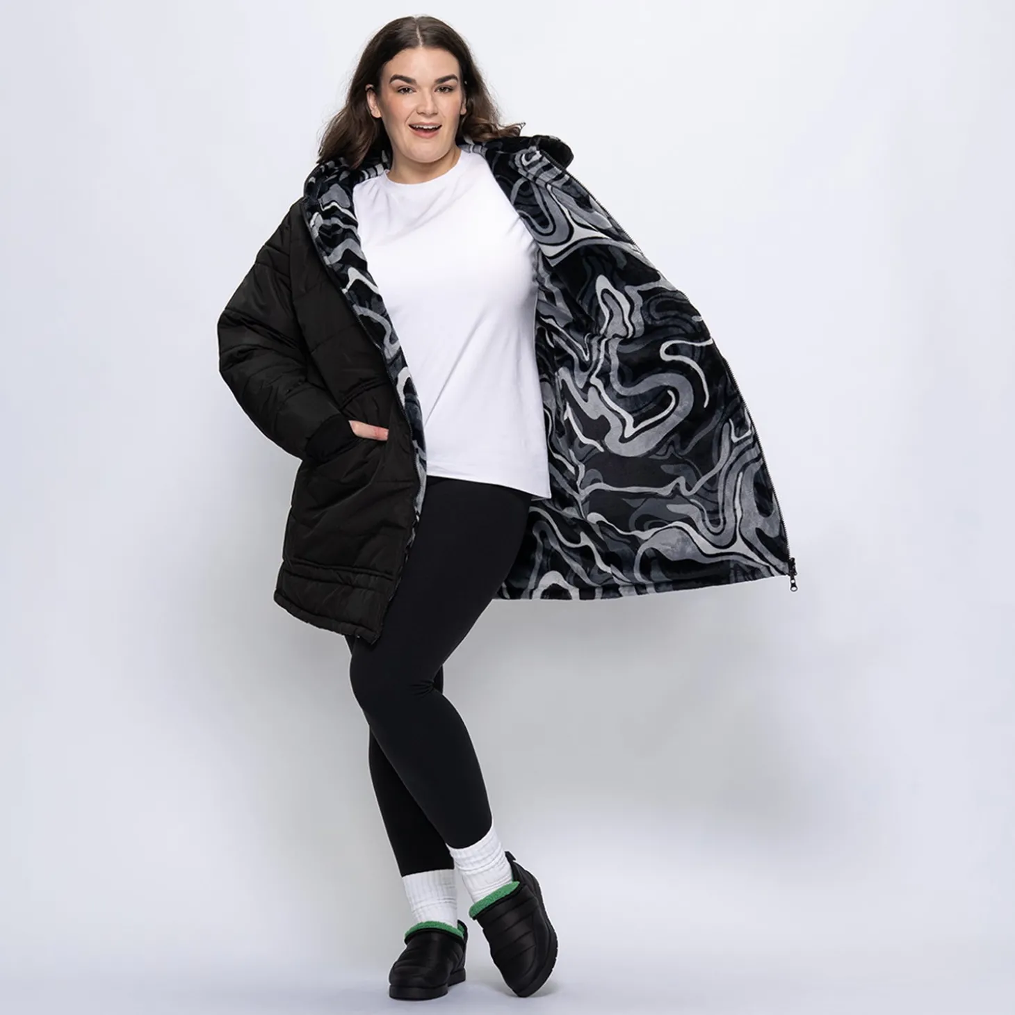 Black/Charcoal Swirl Print Long Puffer Jacket