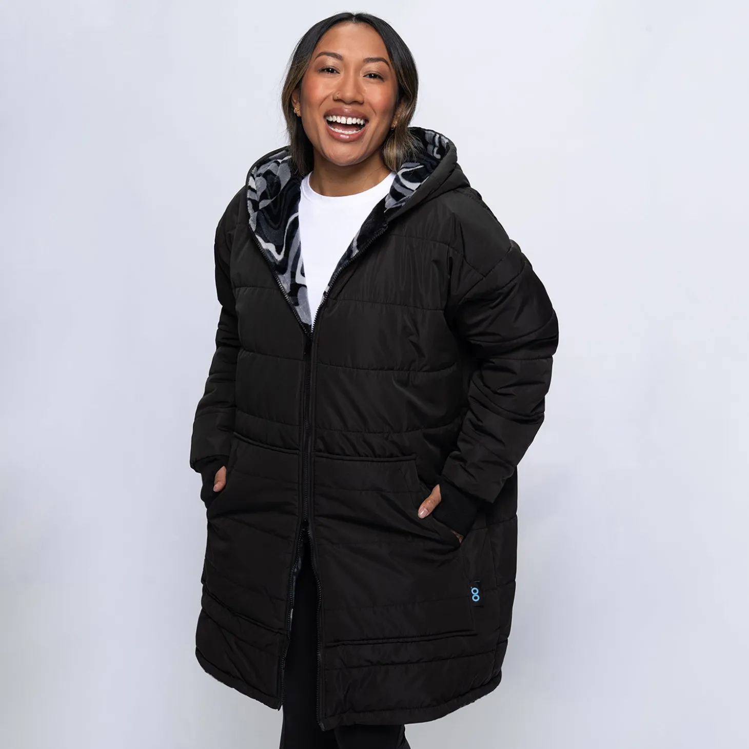 Black/Charcoal Swirl Print Long Puffer Jacket