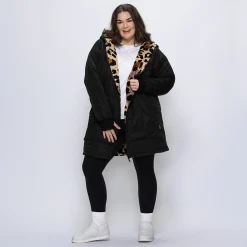 Black/Leopard Long Puffer Jacket