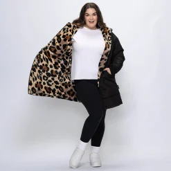 Black/Leopard Long Puffer Jacket