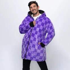 Black/Lilac Checker Print Long Puffer Jacket