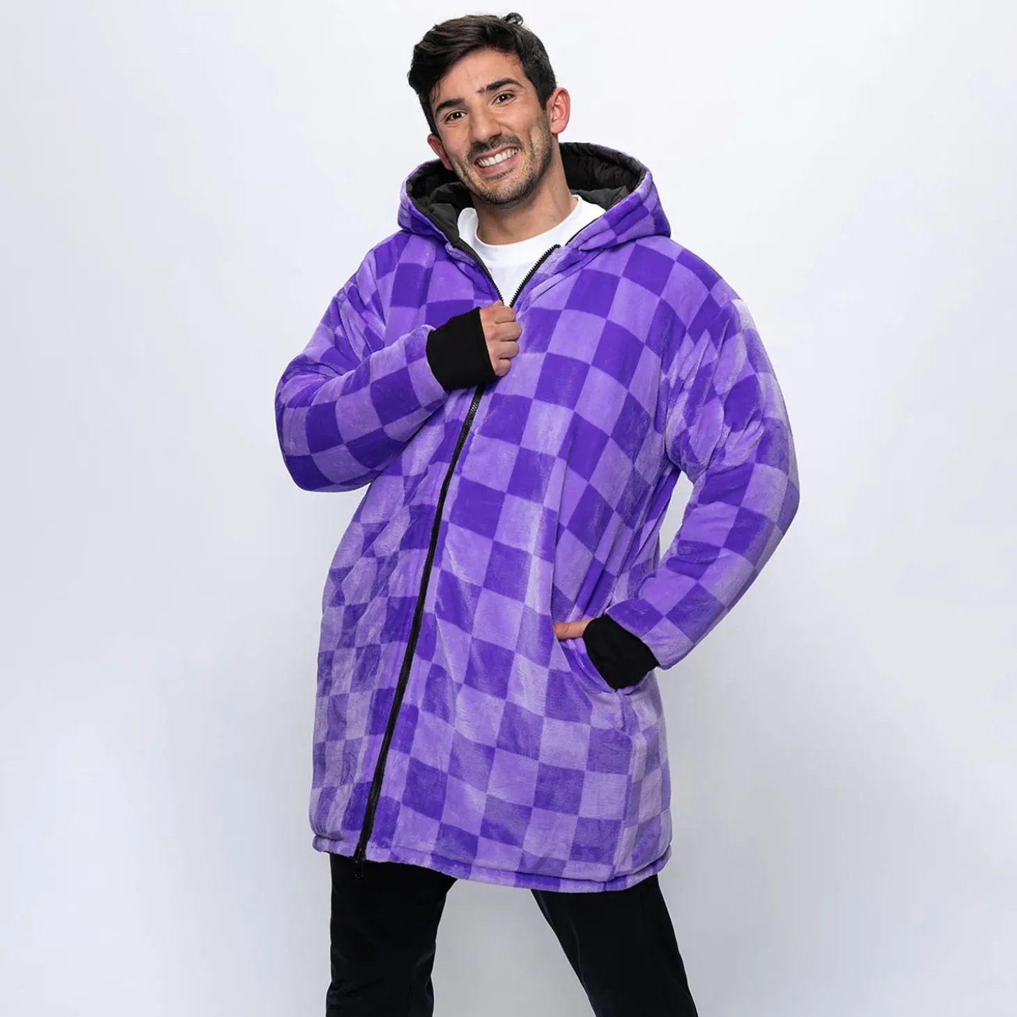 Black/Lilac Checker Print Long Puffer Jacket