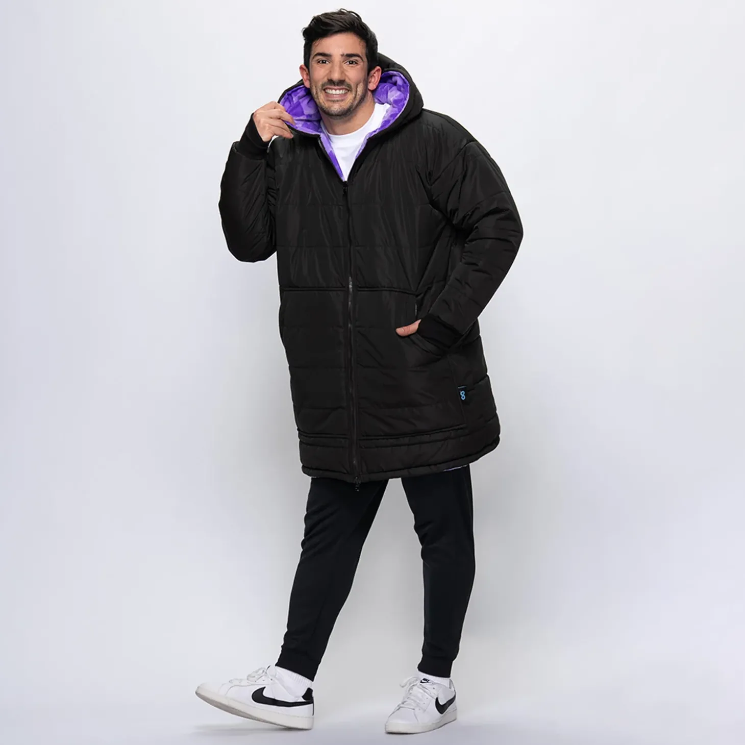 Black/Lilac Checker Print Long Puffer Jacket