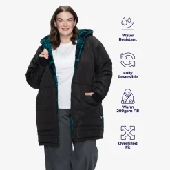 Black/Plaid Long Puffer Jacket