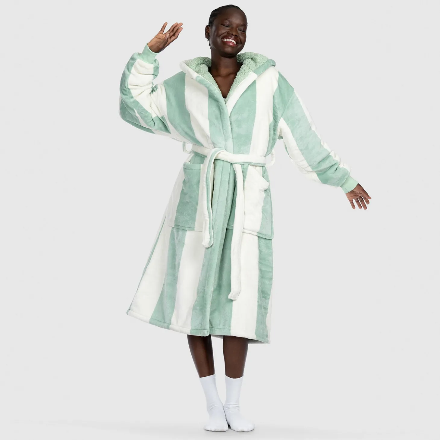 Sage Stripe Sherpa Dressing Gown
